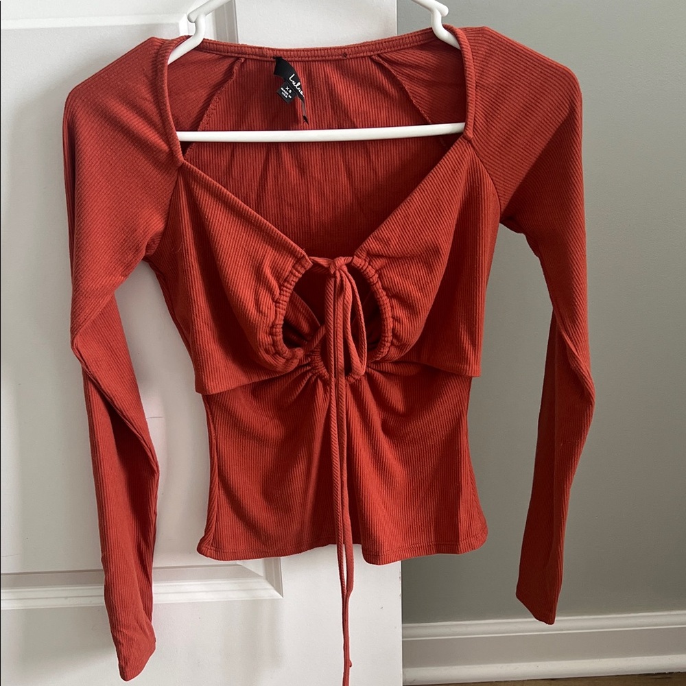 Rust Tie-Front Long Sleeve Top